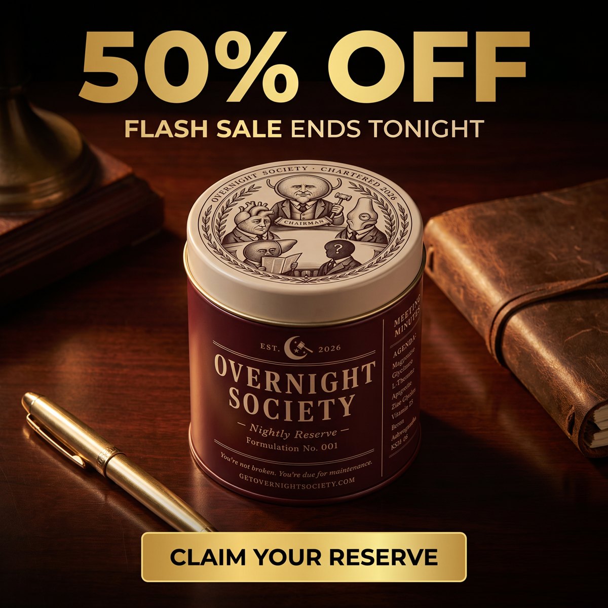 Overnight Society offer ad — 50% off flash sale ends tonight, claim your reserve